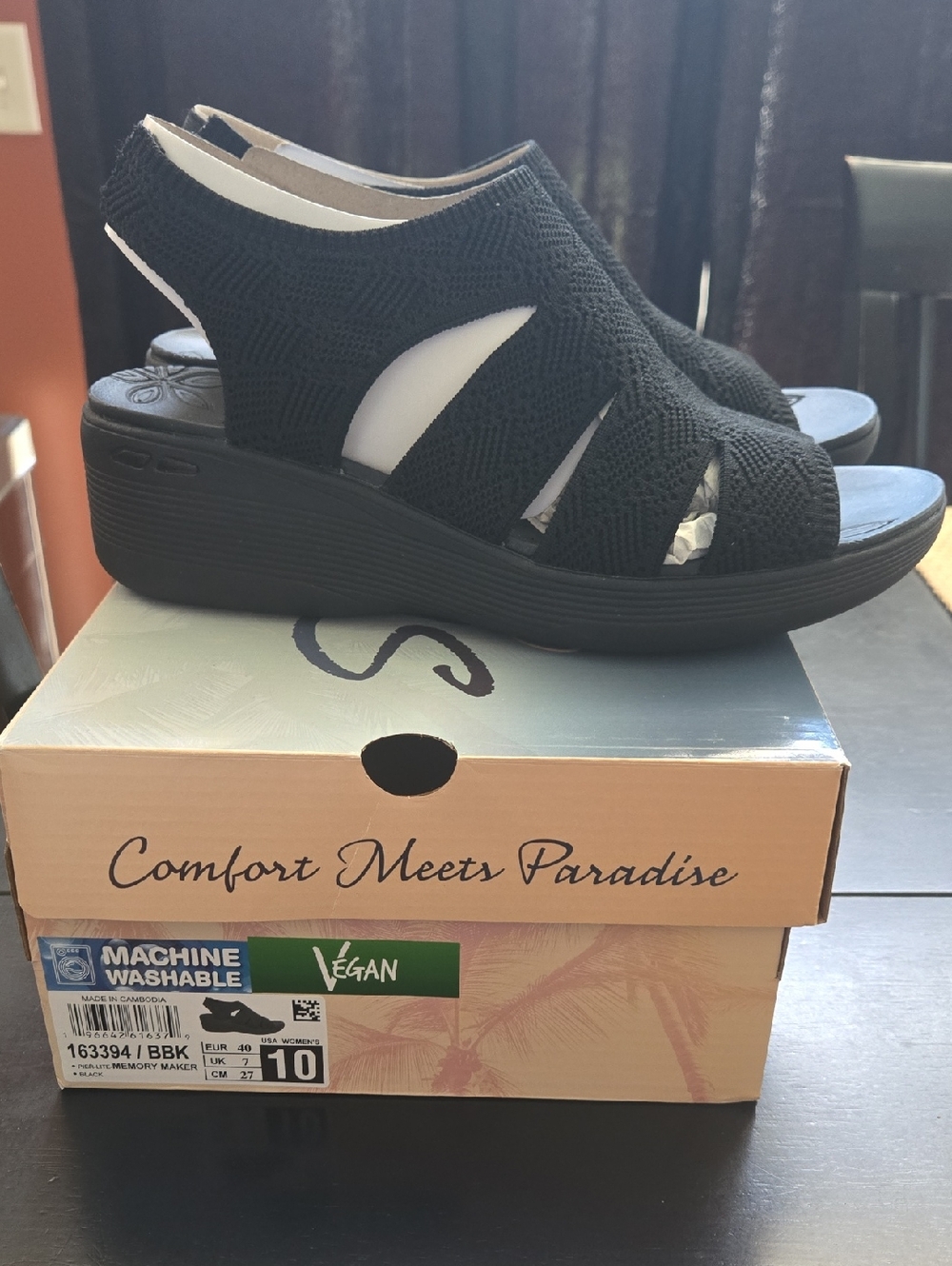 Skechers Black Knit Slingback Wedge Sandals